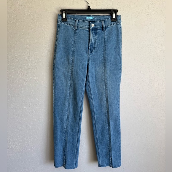 J.McLaughlin Mid Blue Denim Pin Stripe Faux Split Hem Straight Leg Jean Womens 0 - Picture 1 of 6